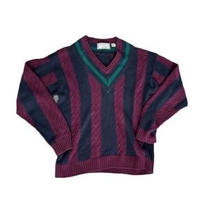 VTG 90s granby club maroon blue green stripe cable knit sweater men large cotton